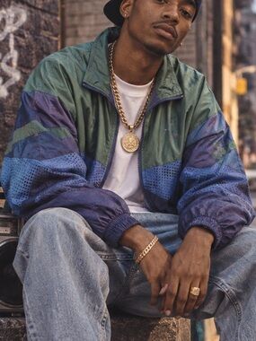 LAVON Vintage 90s Colorblock Windbreaker Jacket in Olive & Navy